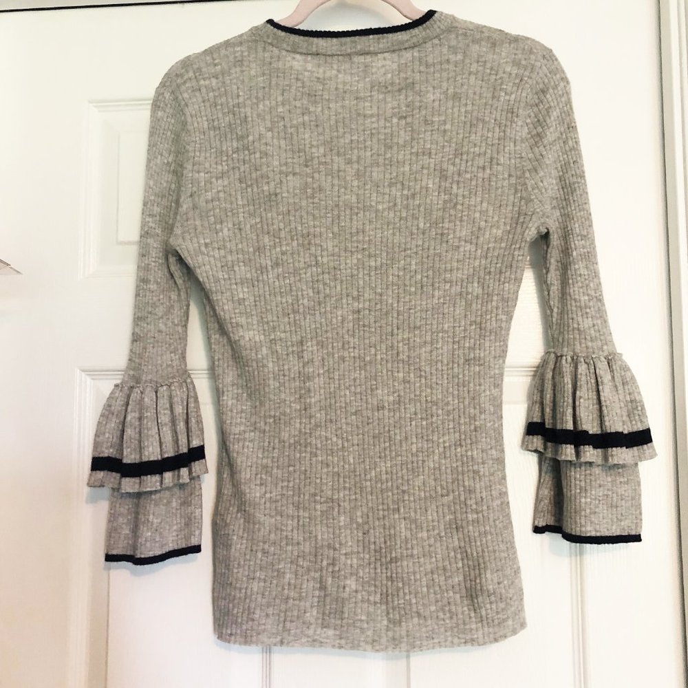 FRAME | Ruffle-Cuff Sleeves Rib-Knit Wool Sweater | Size XS - Picture 5 of 7